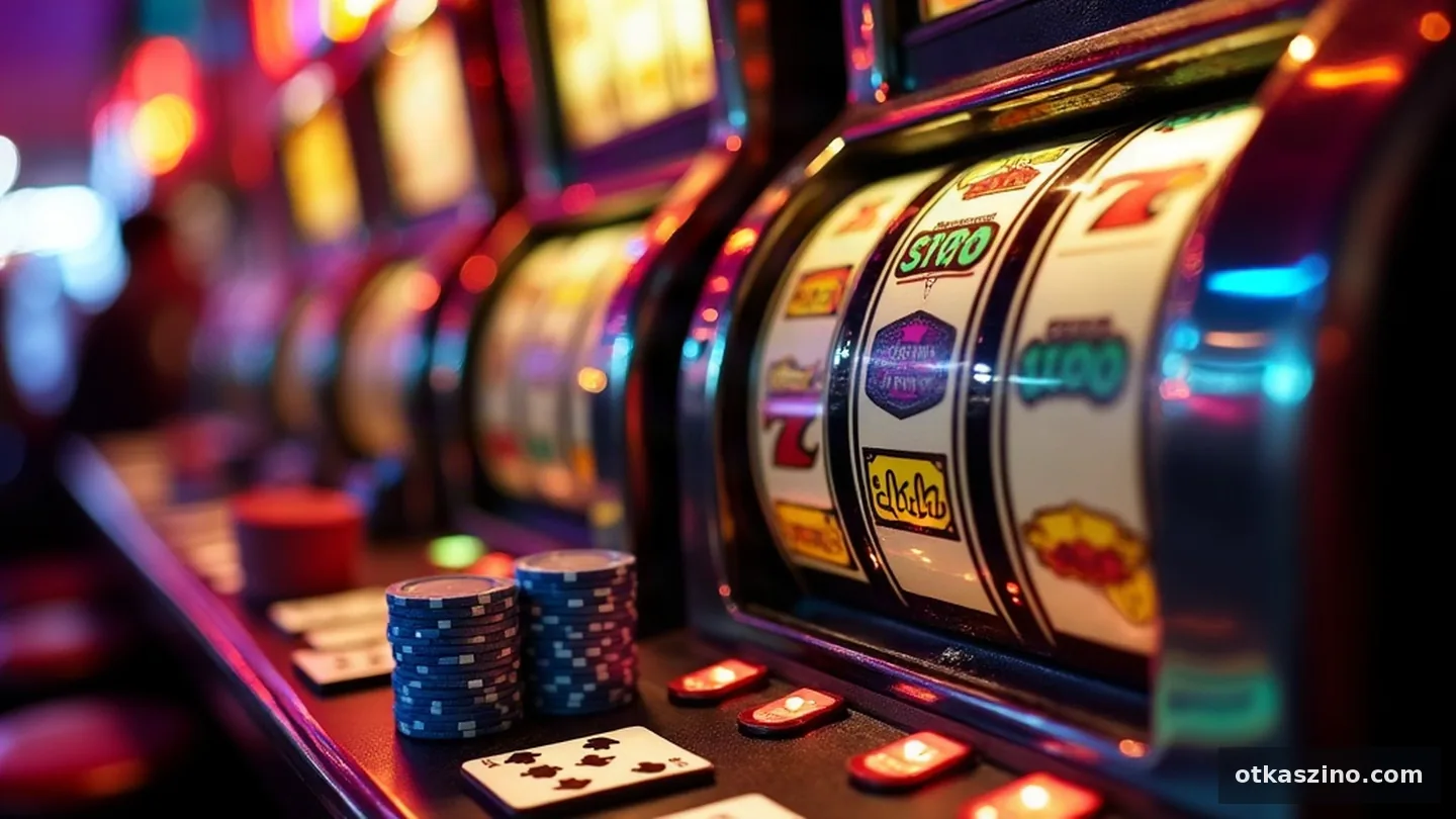 kaszino, slots, bonus, jackpot elemeit ábrázoló nyerőgép és zsetonok